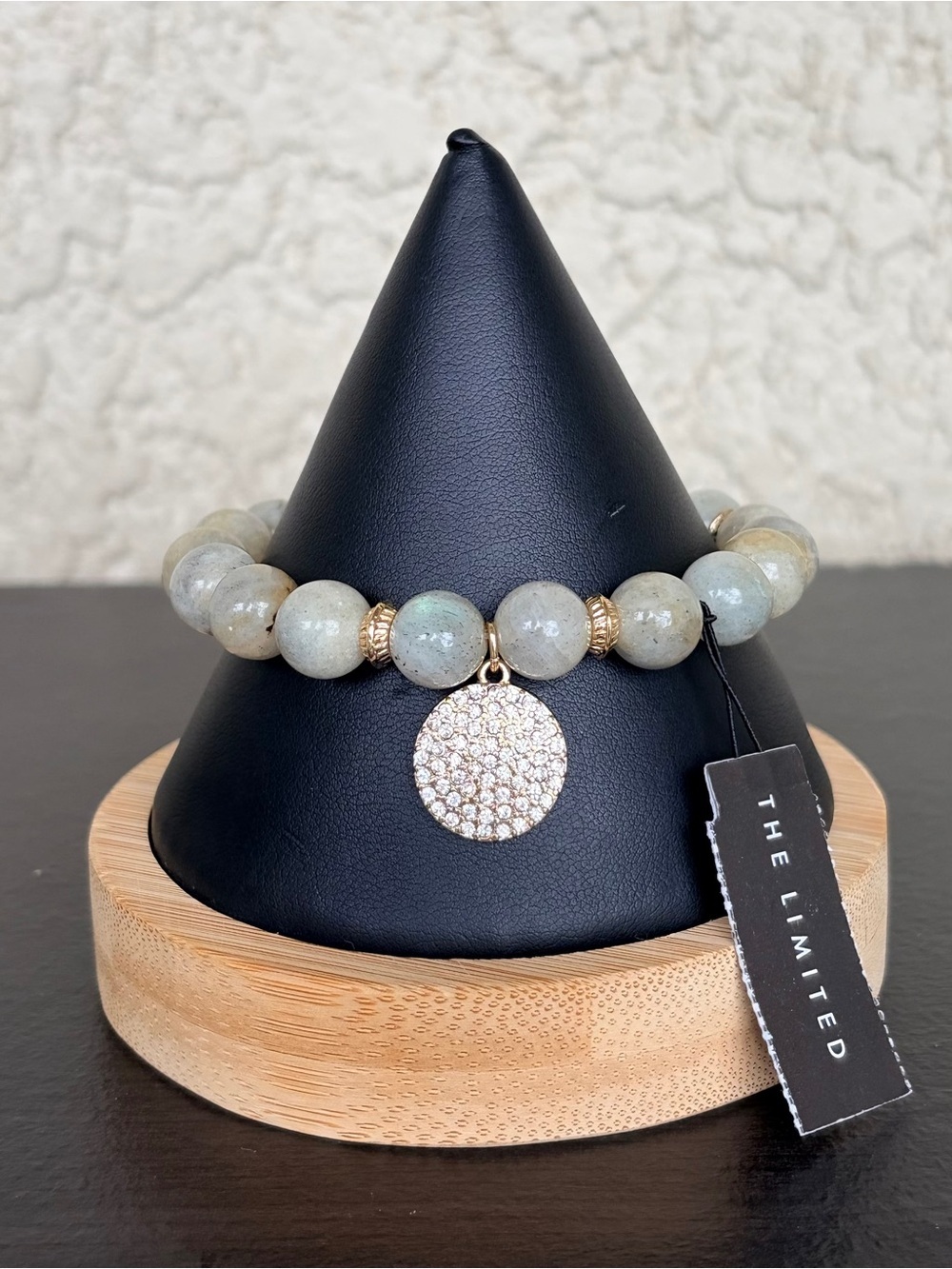 The Limited Sage Green Beaded Bracelet with Gold Pave Disc Charm